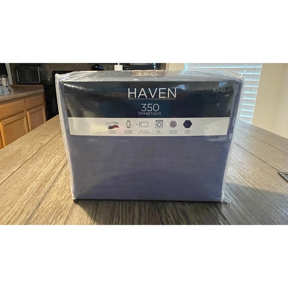 Haven 350 Thread Count King Sheet Set Blue Alpha Cotton Sateen 4pc Deep Pocket